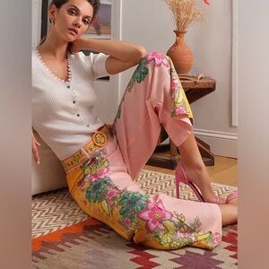 Tahari Pink and Yellow Floral Wide Leg Pants